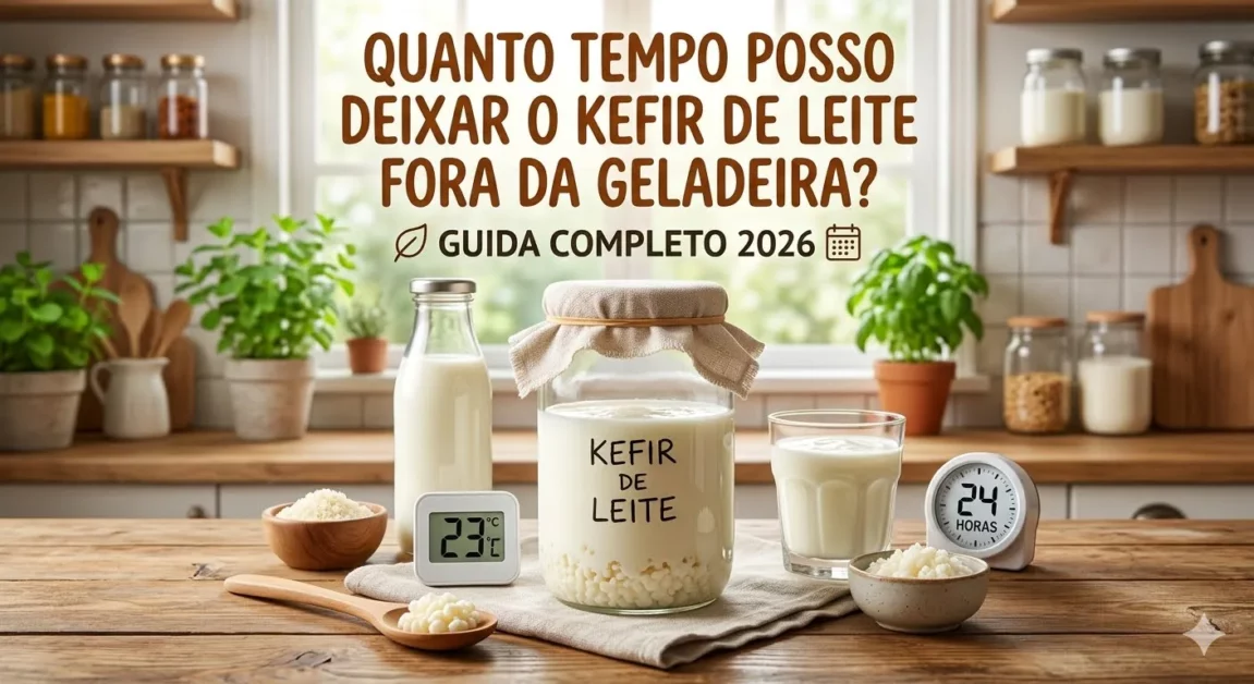 Quanto Tempo Posso Deixar o Kefir de leite fora da Geladeira? Guia Completo 2026 Vidro de kefir de leite fermentando sobre mesa de madeira com termômetro marcando 23 graus e relógio marcando 24 horas em uma cozinha.