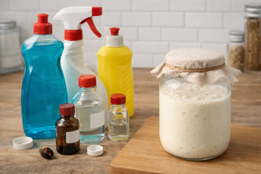 A contaminação química costuma ser mais silenciosa. Muitas vezes, ela não altera a aparência do kefir logo de cara.