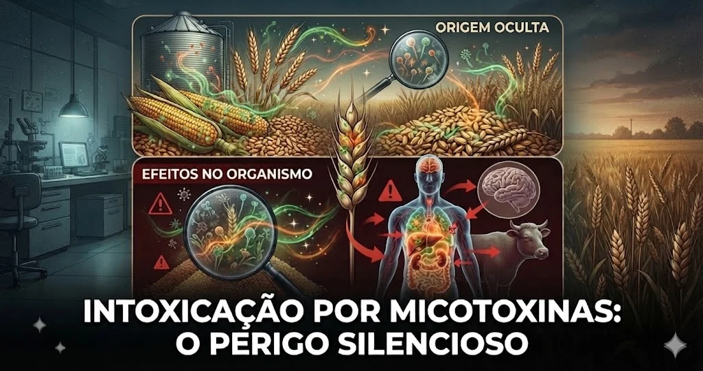 Ilustração detalhada sobre intoxicação por micotoxinas, mostrando grãos de milho e trigo afetados, uma lupa revelando fungos e um esquema com os impactos nocivos no organismo humano e animal.