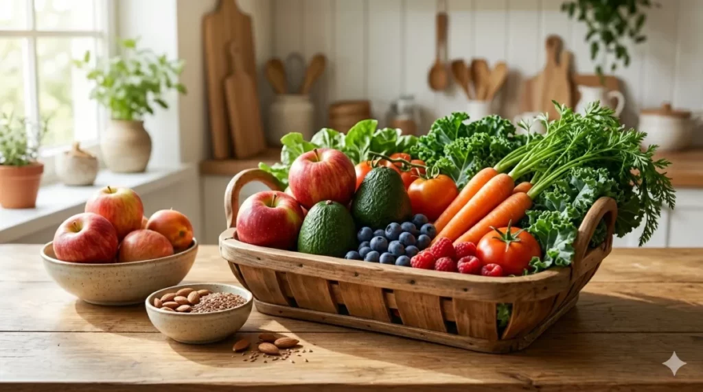 Cesta com vegetais sazonais e sementes a granel ilustrando economia na alimentação natural