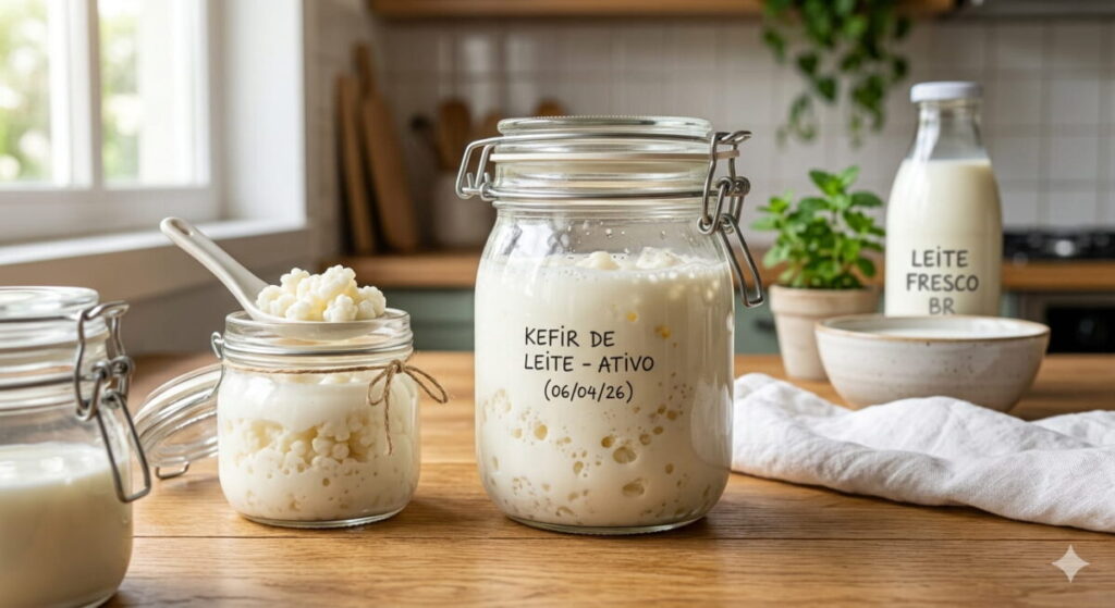 Melhores Alimentos Probióticos para Imunidade em 2026 Frascos de vidro com kefir de leite e grãos ativos em uma bancada de cozinha iluminadaAlimentos Probióticos para Imunidade