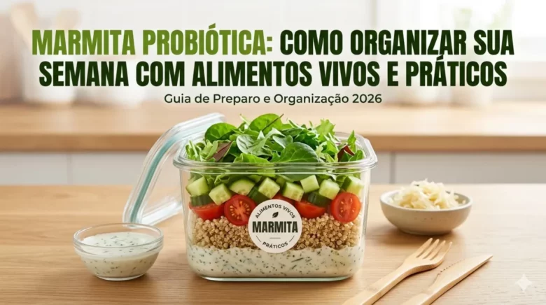 Marmita Probiótica mostrando um pote de vidro com camadas de salada, molho de kefir e o título Guia de Preparo e Organização 2026.