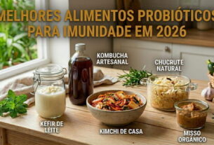 Variedade de alimentos probióticos naturais como kefir e vegetais fermentados para fortalecer a imunidade