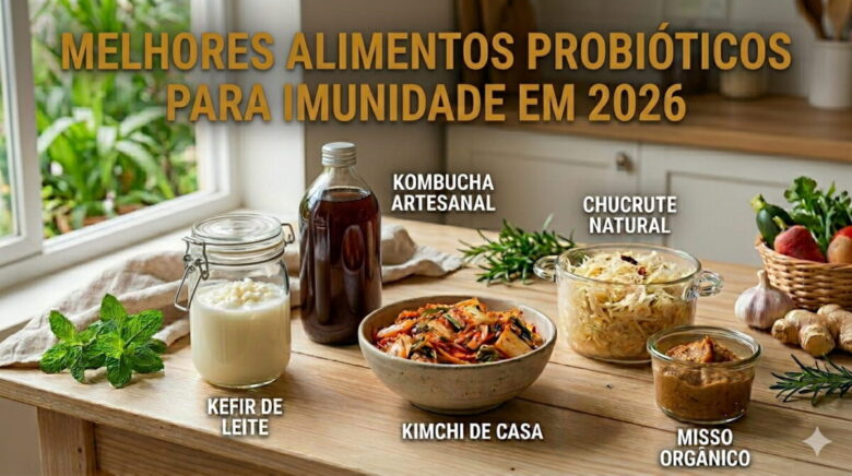 Melhores Alimentos Probióticos para Imunidade em 2026 Variedade de alimentos probióticos naturais como kefir e vegetais fermentados para fortalecer a imunidade