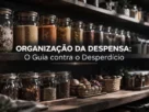 Visão geral de uma despensa organizada com potes de vidro simétricos em prateleiras escuras