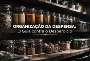 Visão geral de uma despensa organizada com potes de vidro simétricos em prateleiras escuras