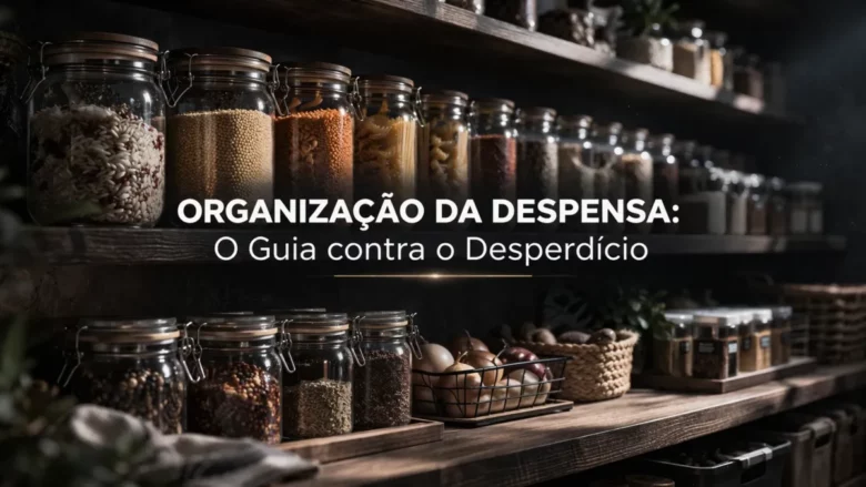 Visão geral de uma despensa organizada com potes de vidro simétricos em prateleiras escuras