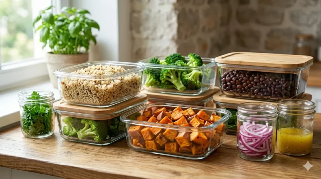 Potes de vidro organizados com legumes e grãos pré-cozidos para planejamento semanal