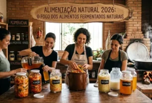 Potes de vidro com chucrute, kombucha e kefir de leite organizados em uma bancada de cozinha moderna iluminada pelo sol, representando a alimentação natural em 2026.