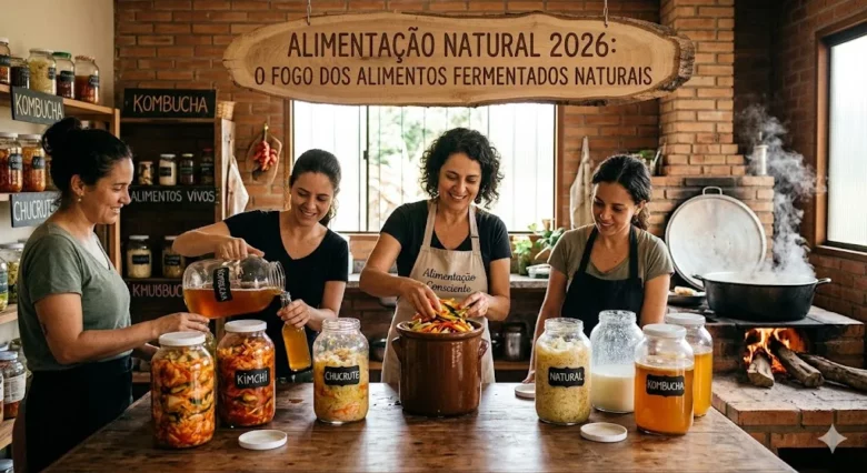 Potes de vidro com chucrute, kombucha e kefir de leite organizados em uma bancada de cozinha moderna iluminada pelo sol, representando a alimentação natural em 2026.