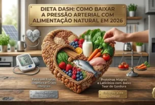 Cesta em formato de coração com frutas, vegetais, grãos e peixe sobre mesa de madeira com medidor de pressão. Foco em dieta DASH e saúde.