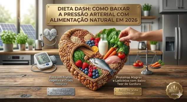 Cesta em formato de coração com frutas, vegetais, grãos e peixe sobre mesa de madeira com medidor de pressão. Foco em dieta DASH e saúde.