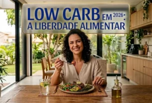 Mulher sorridente saboreando refeição saudável com carne e vegetais em cozinha iluminada. Texto superior: Low Carb em 2026: A Liberdade Alimentar.