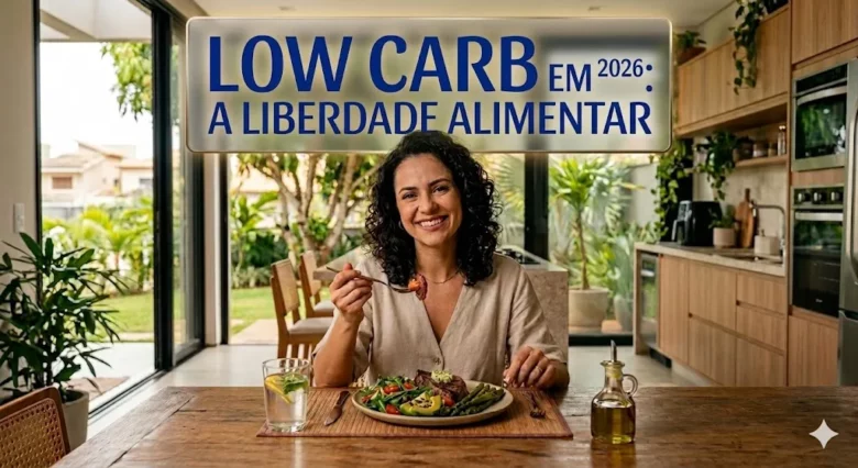 Mulher sorridente saboreando refeição saudável com carne e vegetais em cozinha iluminada. Texto superior: Low Carb em 2026: A Liberdade Alimentar.