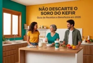 Três pessoas felizes preparam receitas com soro de kefir em uma cozinha moderna e colorida.