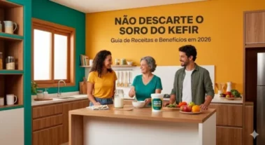 Três pessoas felizes preparam receitas com soro de kefir em uma cozinha moderna e colorida.