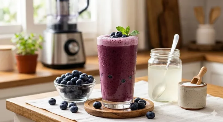 Copo de vidro com smoothie roxo de mirtilo e hortelã sobre mesa de madeira, ao lado de tigela com mirtilos, pote com soro de kefir e liquidificador.