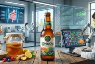 Uma cientista analisa em laboratório uma garrafa de foco centralizada de Kombucha 2026 cercada por ingredientes e telas digitais sobre a microbiota intestinal.