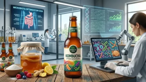 Uma cientista analisa em laboratório uma garrafa de foco centralizada de Kombucha 2026 cercada por ingredientes e telas digitais sobre a microbiota intestinal.