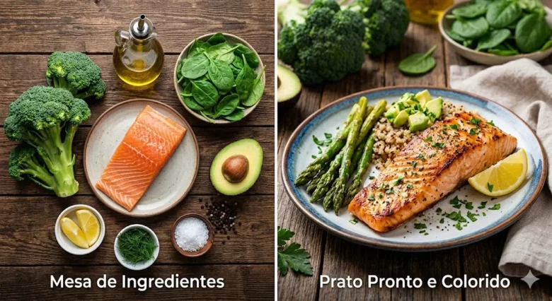 Imagem de receita law carb dividida mostrando ingredientes frescos como salmão, brócolis e abacate à esquerda, e um prato pronto com salmão grelhado e aspargos à direita.