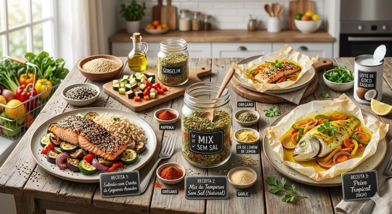 Dieta DASH: Como Baixar a Pressão Arterial com Alimentação Natural em 2026 Mesa de madeira com três pratos da dieta DASH: salmão com gergelim, mix de temperos natural e peixe tropical, cercados por ingredientes frescos.
