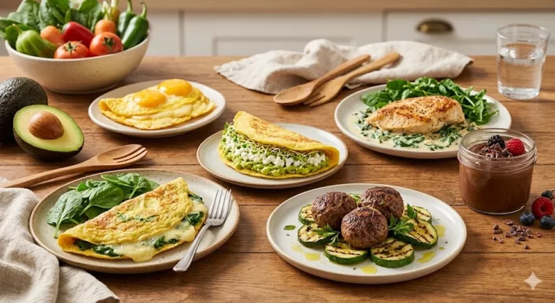 Mesa de madeira com cinco pratos da dieta low carb: omelete de espinafre, almôndegas com abobrinha, crepioca de abacate, frango cremoso e mousse de chocolate.