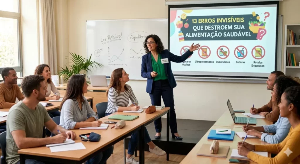 Professora em sala de aula aponta para tela com o título 13 Erros Invisíveis que Destroem sua Alimentação Saudável diante de alunos atentos.