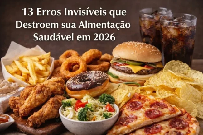 Mesa com comidas processadas como batata frita, hambúrguer, pizza e refrigerantes com o título 13 Erros Invisíveis que Destroem sua Alimentação Saudável.