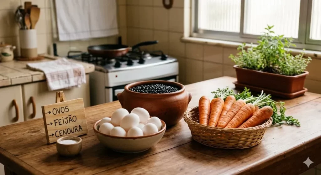 Ovos brancos em uma tigela, feijão preto em pote de barro e cenouras frescas em cesta sobre mesa de madeira na cozinha com placa informativa ao lado.