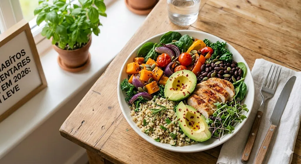 Prato saudável com frango grelhado, abacate, quinoa, feijão preto, abóbora assada e vegetais sobre mesa de madeira ao lado de um quadro de hábitos.
