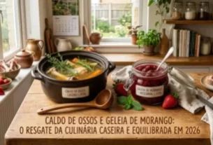 Fotografia de estilo culinário em uma cozinha iluminada pela luz do dia. Sobre uma mesa de madeira rústica, destacam-se uma panela preta de cerâmica com caldo de ossos fumegante decorado com ervas e um pote de vidro hermético cheio de geleia de morango escura e brilhante. Ao redor, há morangos frescos, hortelã, uma colher de pau e uma fatia de pão com geleia. Na parte inferior da imagem, há o texto em letras marrons: "CALDO DE OSSOS E GELEIA DE MORANGO: O RESGATE DA CULINÁRIA CASEIRA E EQUILIBRADA EM 2026"