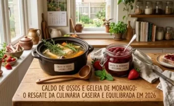 Fotografia de estilo culinário em uma cozinha iluminada pela luz do dia. Sobre uma mesa de madeira rústica, destacam-se uma panela preta de cerâmica com caldo de ossos fumegante decorado com ervas e um pote de vidro hermético cheio de geleia de morango escura e brilhante. Ao redor, há morangos frescos, hortelã, uma colher de pau e uma fatia de pão com geleia. Na parte inferior da imagem, há o texto em letras marrons: "CALDO DE OSSOS E GELEIA DE MORANGO: O RESGATE DA CULINÁRIA CASEIRA E EQUILIBRADA EM 2026"