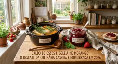 Fotografia de estilo culinário em uma cozinha iluminada pela luz do dia. Sobre uma mesa de madeira rústica, destacam-se uma panela preta de cerâmica com caldo de ossos fumegante decorado com ervas e um pote de vidro hermético cheio de geleia de morango escura e brilhante. Ao redor, há morangos frescos, hortelã, uma colher de pau e uma fatia de pão com geleia. Na parte inferior da imagem, há o texto em letras marrons: "CALDO DE OSSOS E GELEIA DE MORANGO: O RESGATE DA CULINÁRIA CASEIRA E EQUILIBRADA EM 2026"