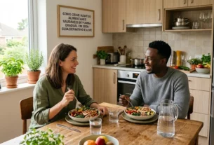 Um casal sorridente come saladas saudáveis numa cozinha moderna iluminada. Há um quadro na parede com o título do guia sobre hábitos alimentares de 2026.