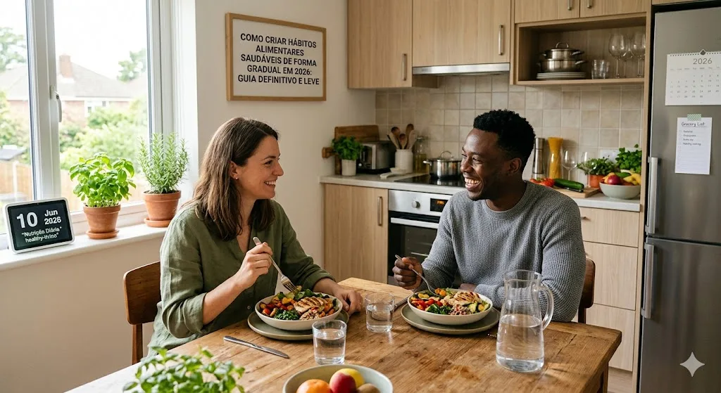Um casal sorridente come saladas saudáveis numa cozinha moderna iluminada. Há um quadro na parede com o título do guia sobre hábitos alimentares de 2026.