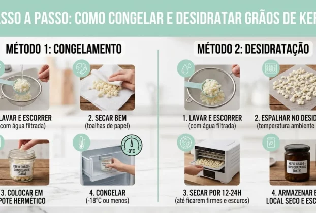 nfográfico com fundo verde claro explicando os métodos passo a passo de congelamento e desidratação doméstica para preservação de grãos de kefir.