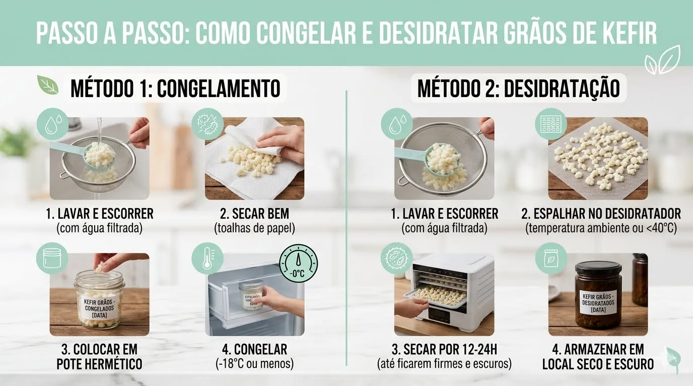 nfográfico com fundo verde claro explicando os métodos passo a passo de congelamento e desidratação doméstica para preservação de grãos de kefir.