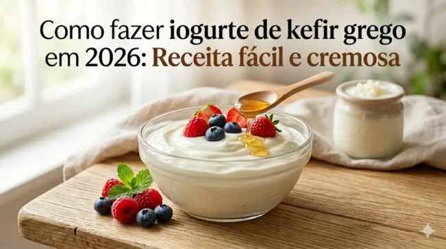 Tigela com iogurte grego de kefir, frutas e mel. No topo, o texto "Como fazer iogurte de kefir grego em 2026: Receita fácil e cremosa".