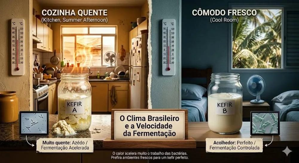 Infográfico comparando o kefir na dieta Low Carb: pote em cozinha quente com fermentação acelerada e azeda, versus pote em cômodo fresco com mistura perfeita.