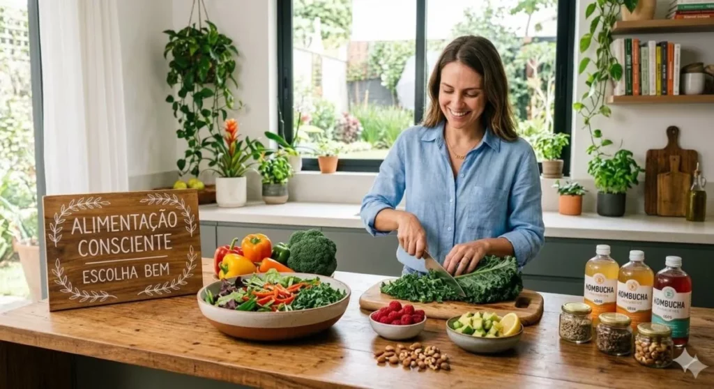Dieta anti-inflamatória em 2026: O que comer, o que evitar e sugestão de cardápio Mulher sorridente com camisa azul corta couve fresca em tábua de madeira na cozinha ao lado de tigela de salada colorida e garrafas de kombucha.