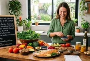 Mulher sorrindo em cozinha iluminada organizando alimentos saudáveis da dieta anti-inflamatória como salmão, mirtilos, vegetais e kombucha sobre mesa de madeira.