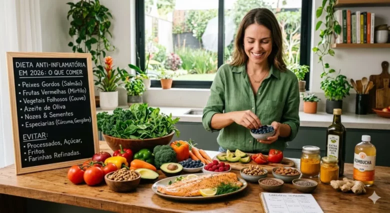 Mulher sorrindo em cozinha iluminada organizando alimentos saudáveis da dieta anti-inflamatória como salmão, mirtilos, vegetais e kombucha sobre mesa de madeira.