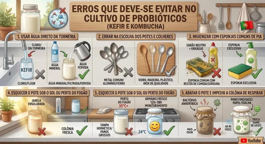 Infográfico realista com 5 blocos ilustrando erros e acertos ao cultivar kefir e kombucha, mostrando utensílios, água e potes adequados.