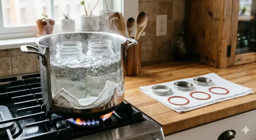 Higienização de utensílios para uma Fermentação caseira segura demonstrando a esterilização de potes de vidro submersos em uma panela com água fervente no fogão