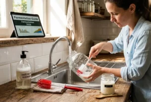 Higienização de utensílios para uma Fermentação caseira segura sendo feita por uma pessoa na pia da cozinha, lavando potes de vidro com sabão neutro.