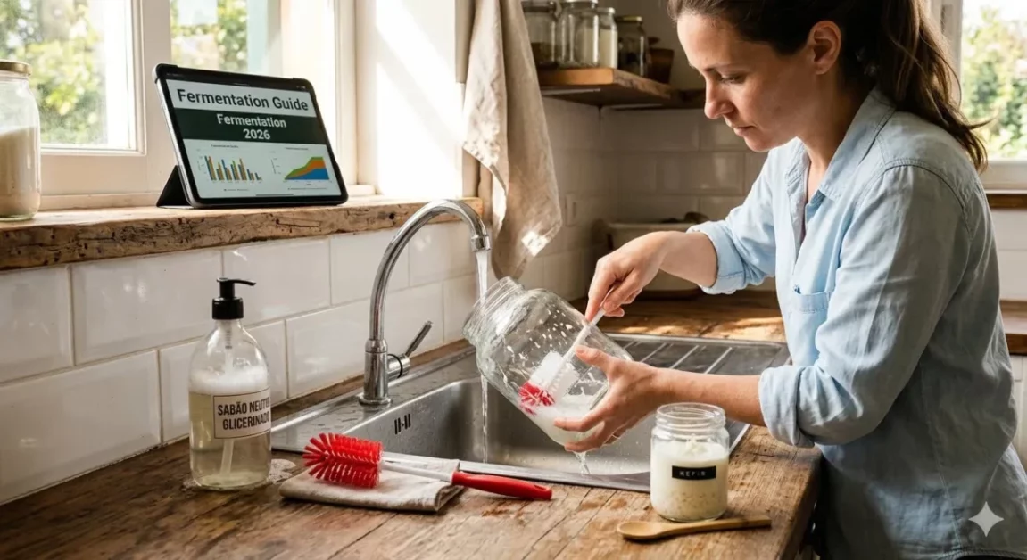 Higienização de utensílios para uma Fermentação caseira segura sendo feita por uma pessoa na pia da cozinha, lavando potes de vidro com sabão neutro.