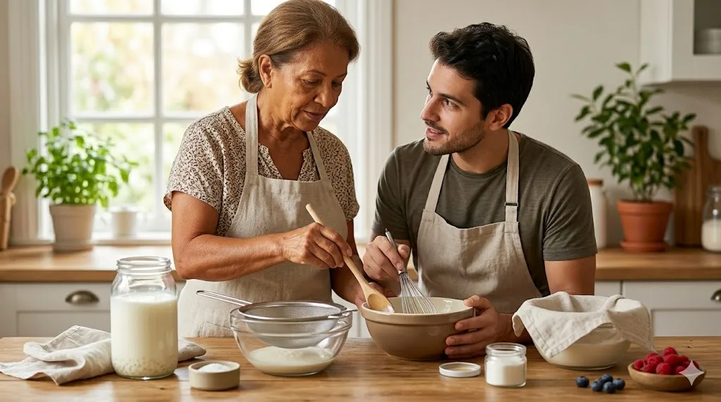 Mulher idosa e homem jovem de avental em uma cozinha ensinando a fazer iogurte de kefir. Utensílios, potes e ingredientes na bancada.