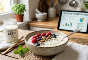 Kefir na dieta Low Carb servido em uma tigela com frutas vermelhas e sementes em cima de uma mesa de madeira na cozinha com um tablet exibindo receitas de 2026.