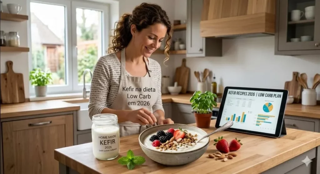 Mulher sorrindo na cozinha preparando uma tigela de iogurte de kefir na dieta Low Carb em 2026, com pote de vidro caseiro e tablet de receitas sobre a bancada.
