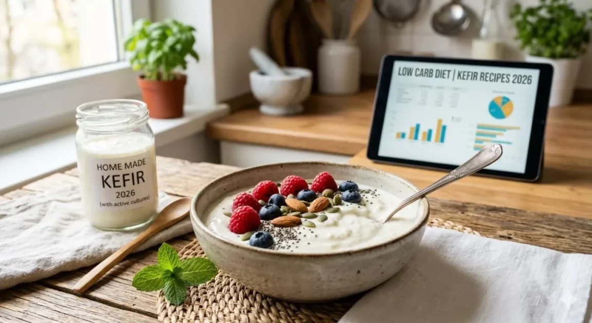 Kefir na dieta Low Carb servido em uma tigela com frutas vermelhas e sementes em cima de uma mesa de madeira na cozinha com um tablet exibindo receitas de 2026.